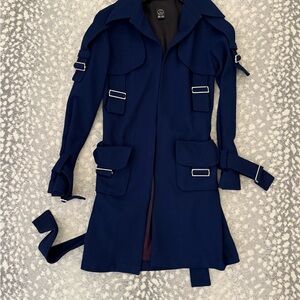Stylish Navy Women's Trench Coat with Buckle Accents